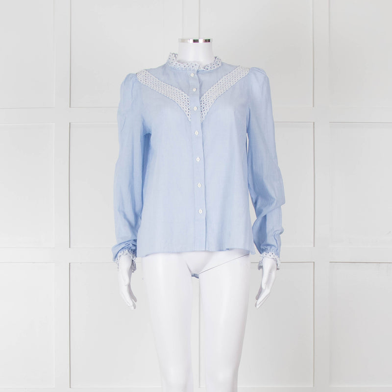 Me + Em Blue Cotton Blouse with Anglaise Inserts