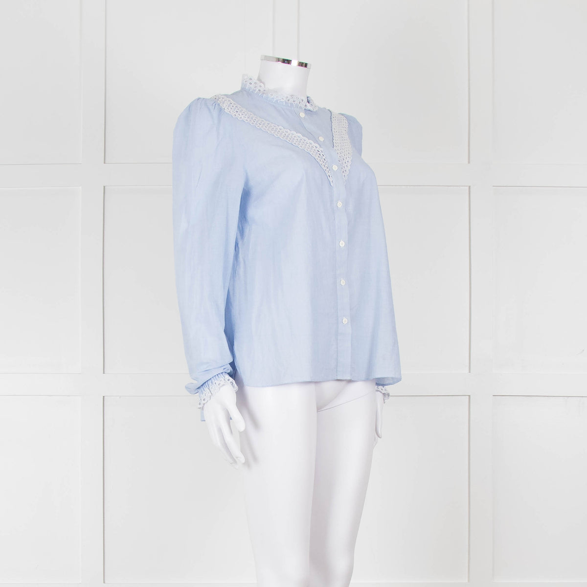 Me + Em Blue Cotton Blouse with Anglaise Inserts