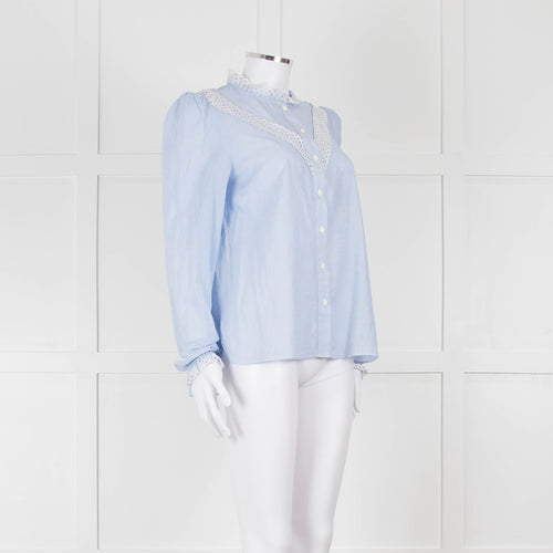 Me + Em Blue Cotton Blouse with Anglaise Inserts