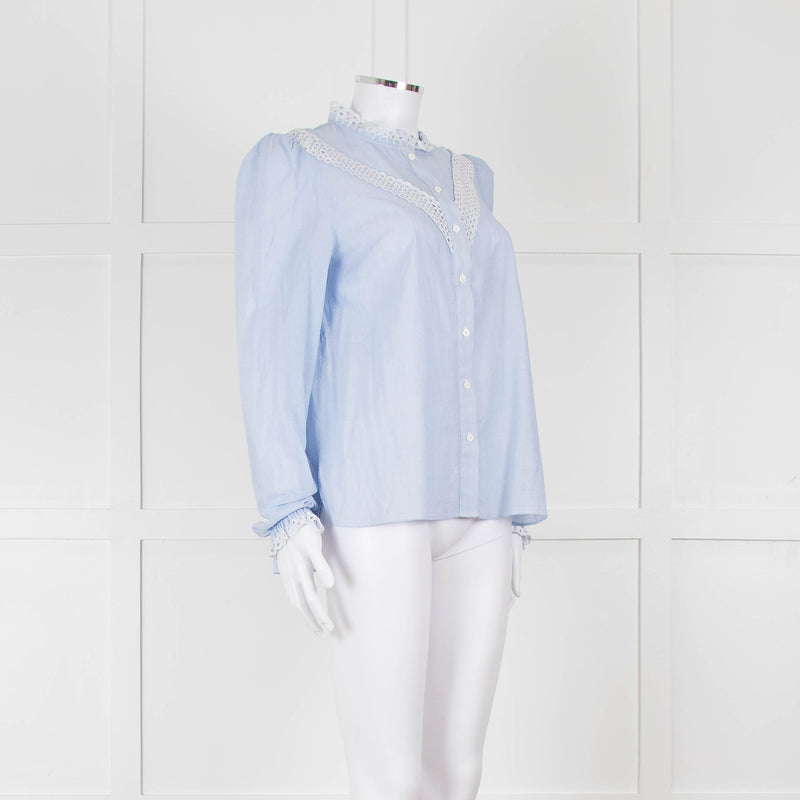 Me + Em Blue Cotton Blouse with Anglaise Inserts