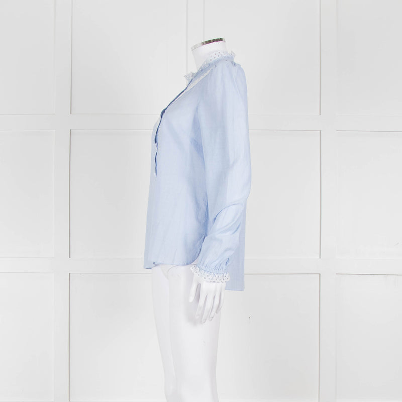 Me + Em Blue Cotton Blouse with Anglaise Inserts