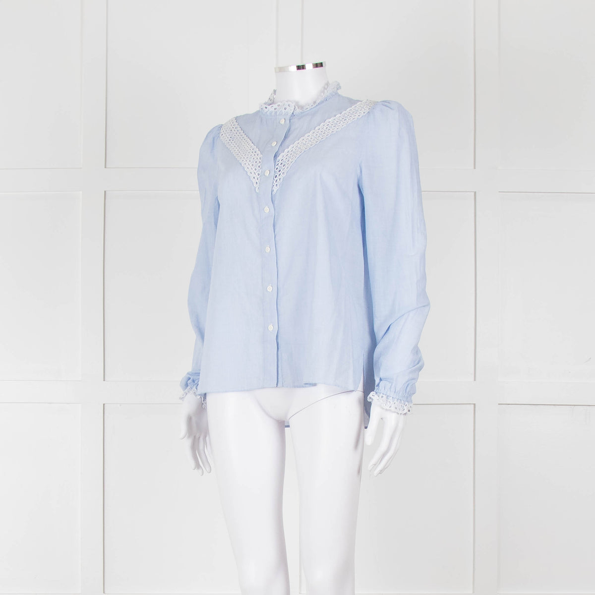 Me + Em Blue Cotton Blouse with Anglaise Inserts