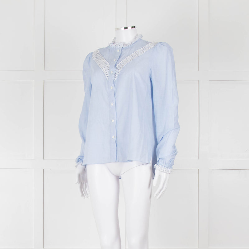 Me + Em Blue Cotton Blouse with Anglaise Inserts