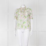 Me + Em Pink, Green & Grey Floral Silk Mix Short Sleeve Frill Top