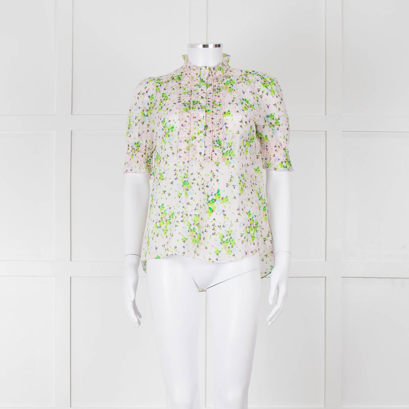 Me + Em Pink, Green & Grey Floral Silk Mix Short Sleeve Frill Top