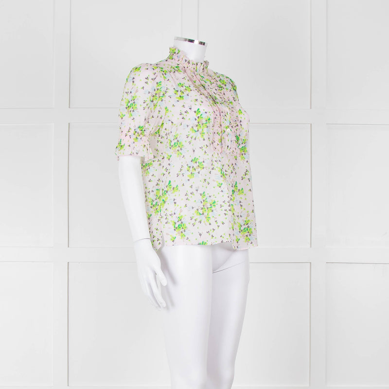 Me + Em Pink, Green & Grey Floral Silk Mix Short Sleeve Frill Top