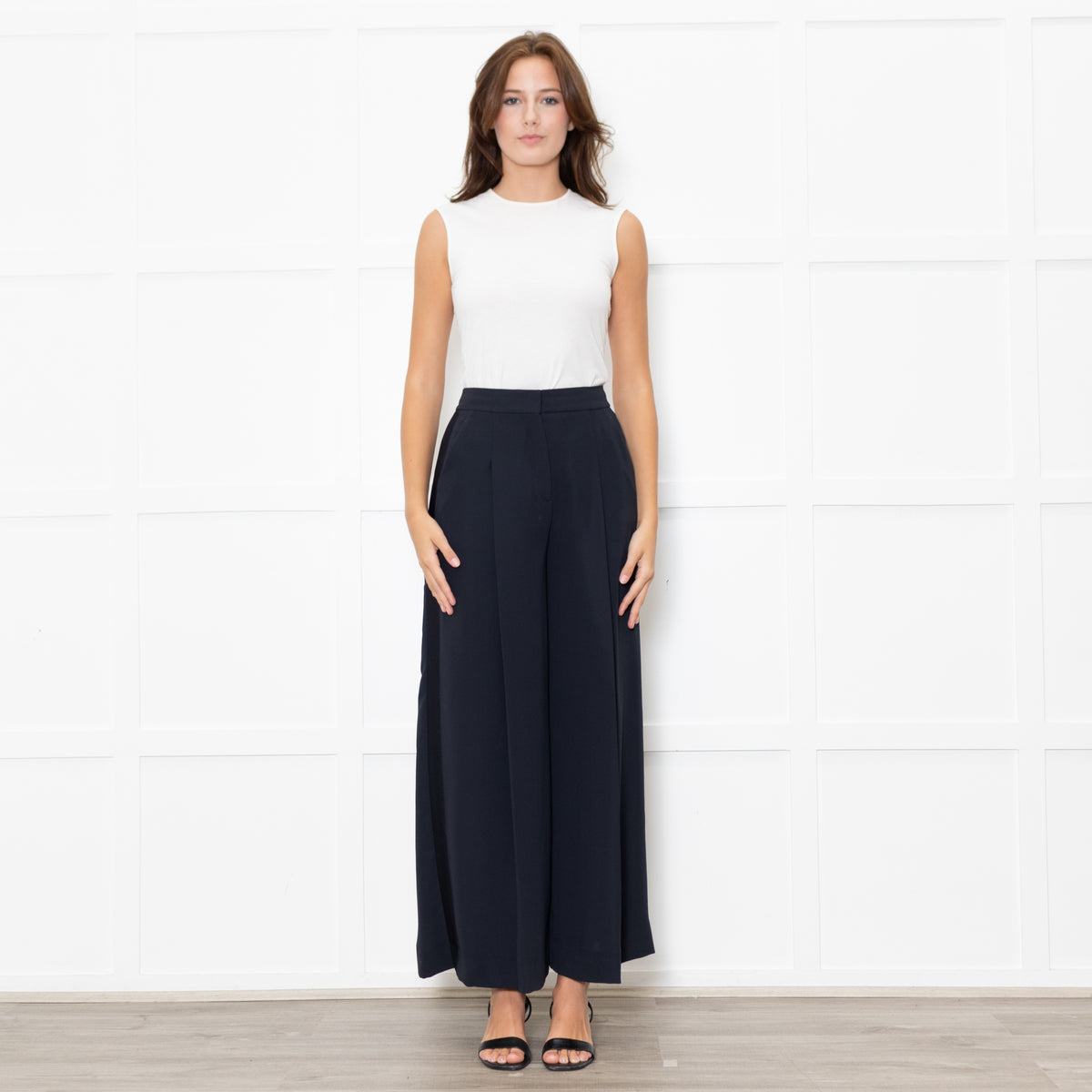 Me + Em Navy Wide Leg Trousers with Satin Side Stripe