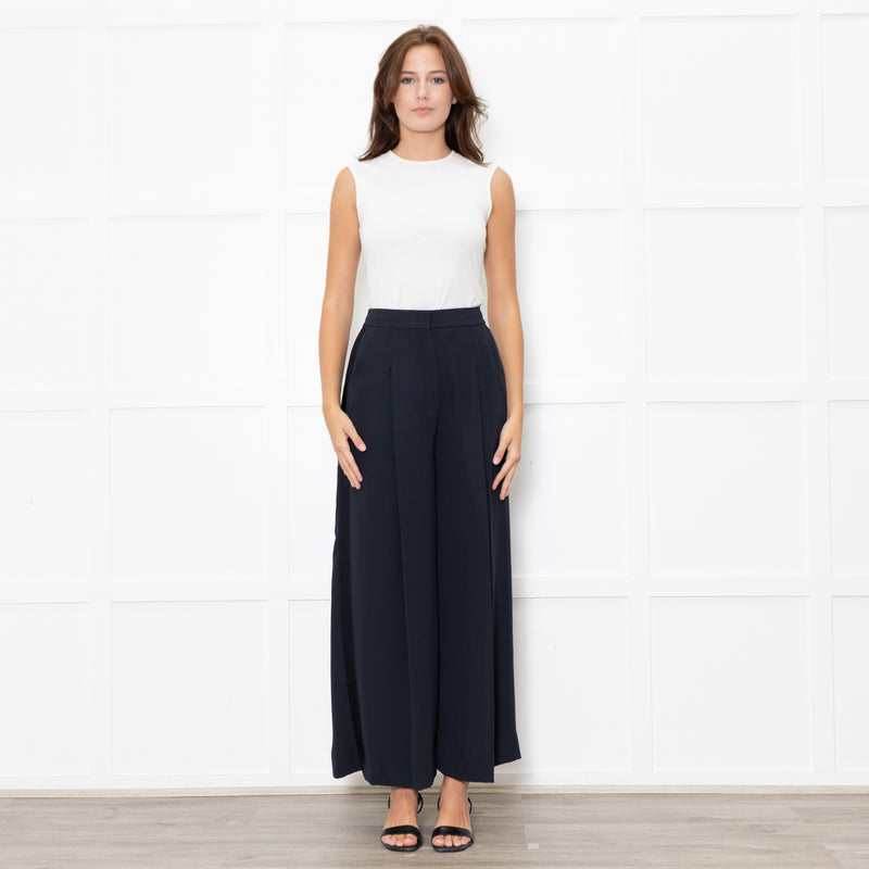 Me + Em Navy Wide Leg Trousers with Satin Side Stripe