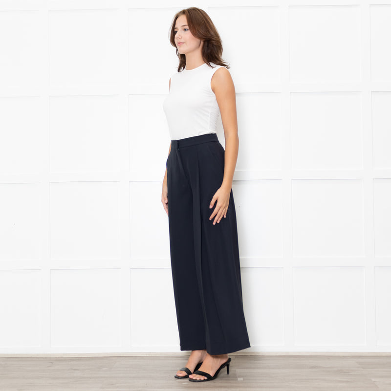 Me + Em Navy Wide Leg Trousers with Satin Side Stripe