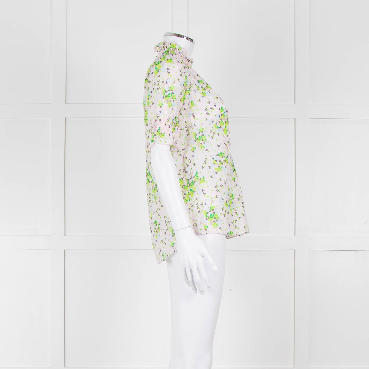 Me + Em Pink, Green & Grey Floral Silk Mix Short Sleeve Frill Top