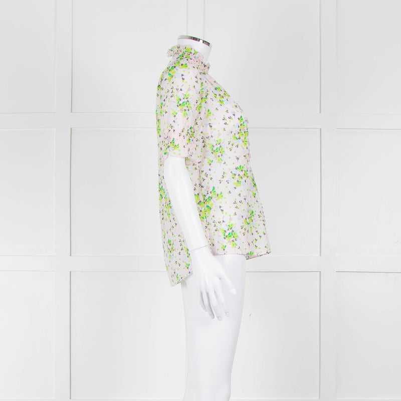 Me + Em Pink, Green & Grey Floral Silk Mix Short Sleeve Frill Top