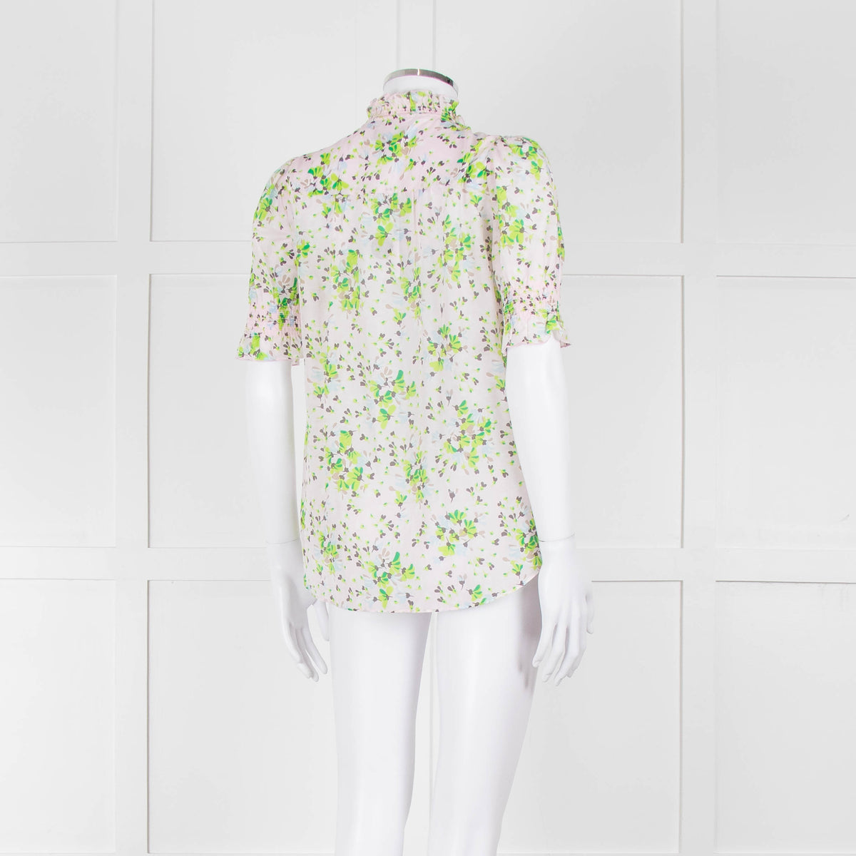 Me + Em Pink, Green & Grey Floral Silk Mix Short Sleeve Frill Top