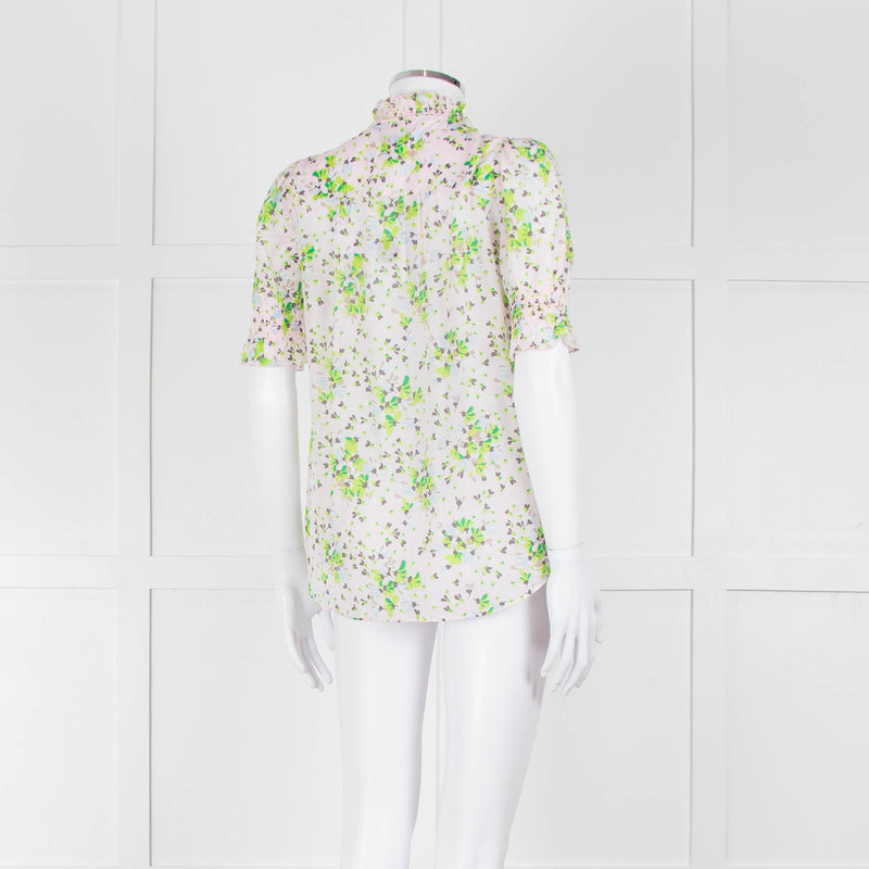 Me + Em Pink, Green & Grey Floral Silk Mix Short Sleeve Frill Top