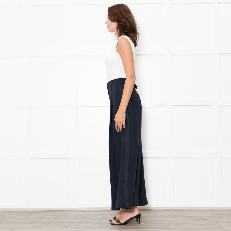 Me + Em Navy Wide Leg Trousers with Satin Side Stripe