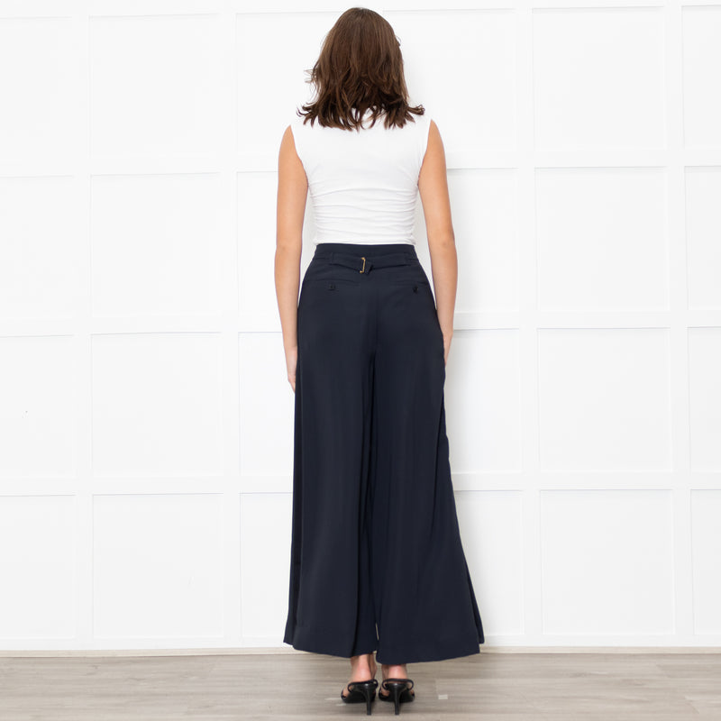 Me + Em Navy Wide Leg Trousers with Satin Side Stripe