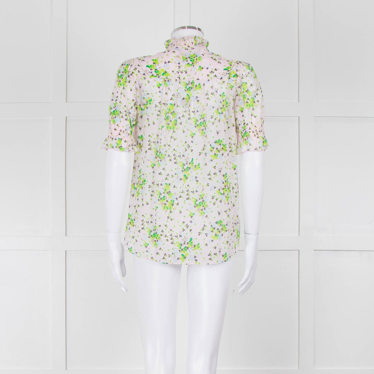 Me + Em Pink, Green & Grey Floral Silk Mix Short Sleeve Frill Top