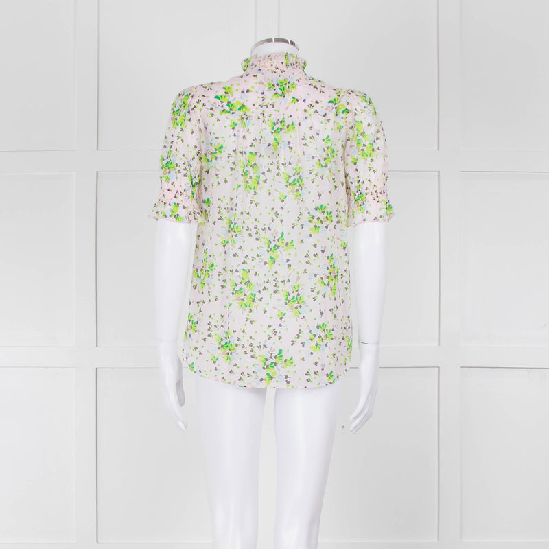 Me + Em Pink, Green & Grey Floral Silk Mix Short Sleeve Frill Top