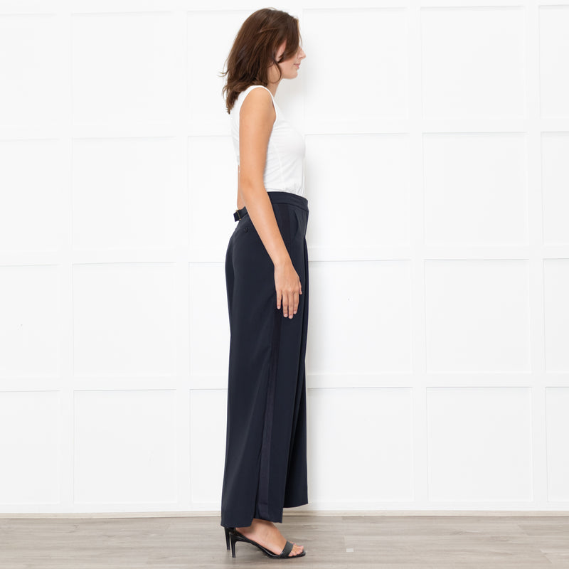 Me + Em Navy Wide Leg Trousers with Satin Side Stripe