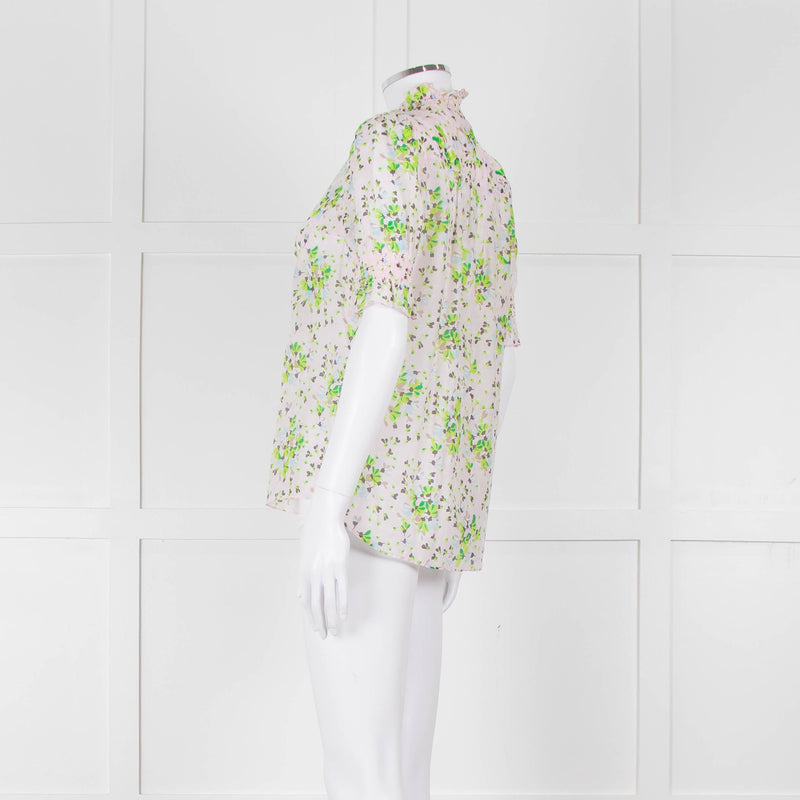 Me + Em Pink, Green & Grey Floral Silk Mix Short Sleeve Frill Top