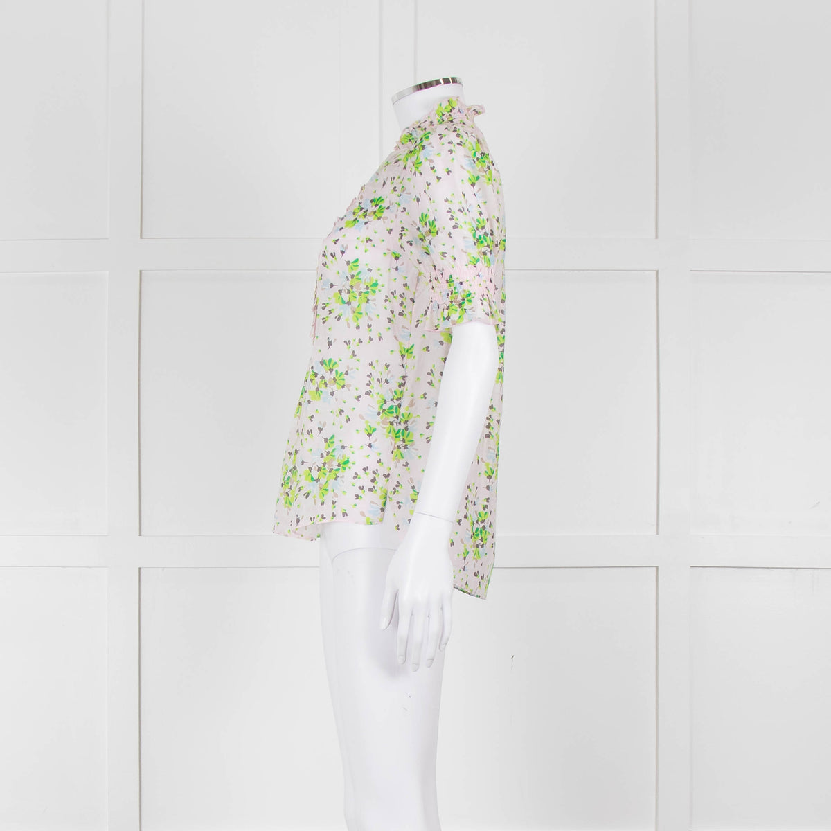 Me + Em Pink, Green & Grey Floral Silk Mix Short Sleeve Frill Top