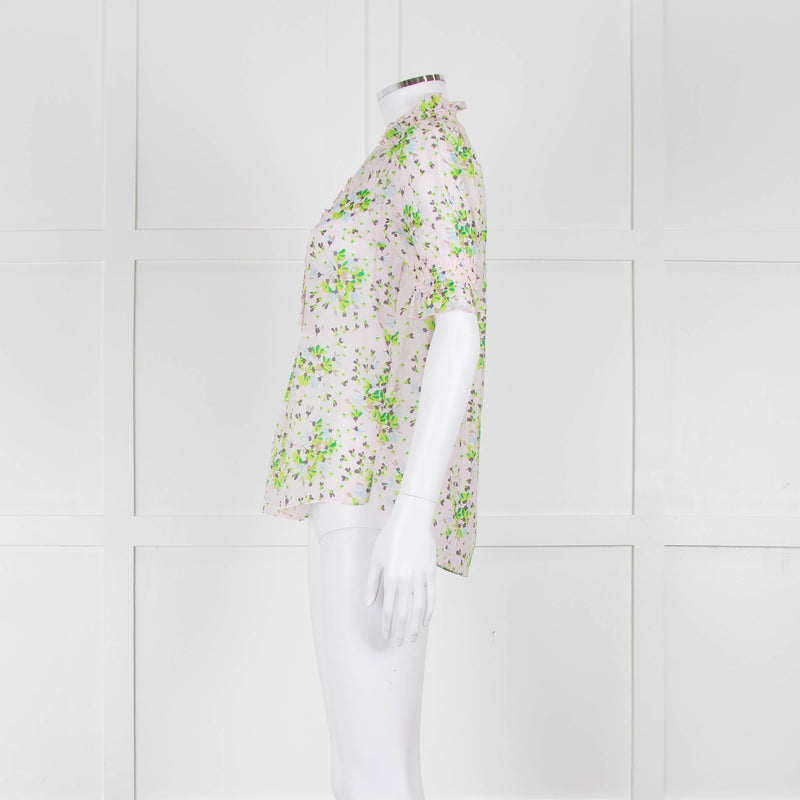 Me + Em Pink, Green & Grey Floral Silk Mix Short Sleeve Frill Top