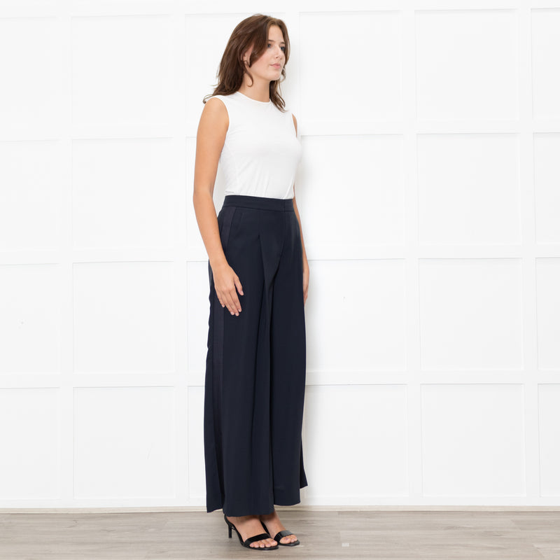 Me + Em Navy Wide Leg Trousers with Satin Side Stripe