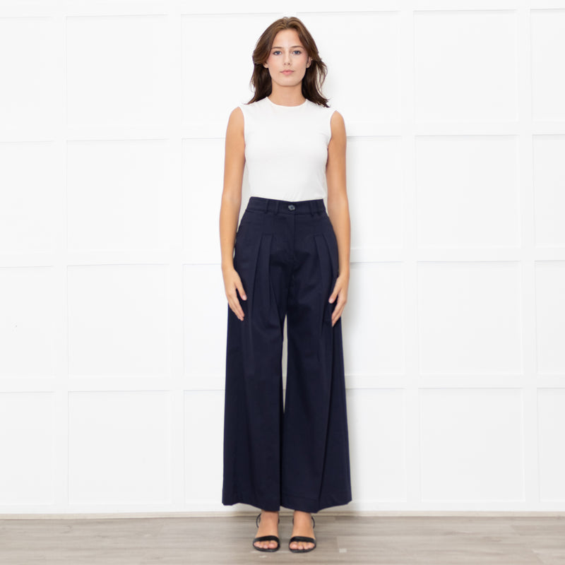 Me + Em Navy Wide Leg Soft Cotton Trousers