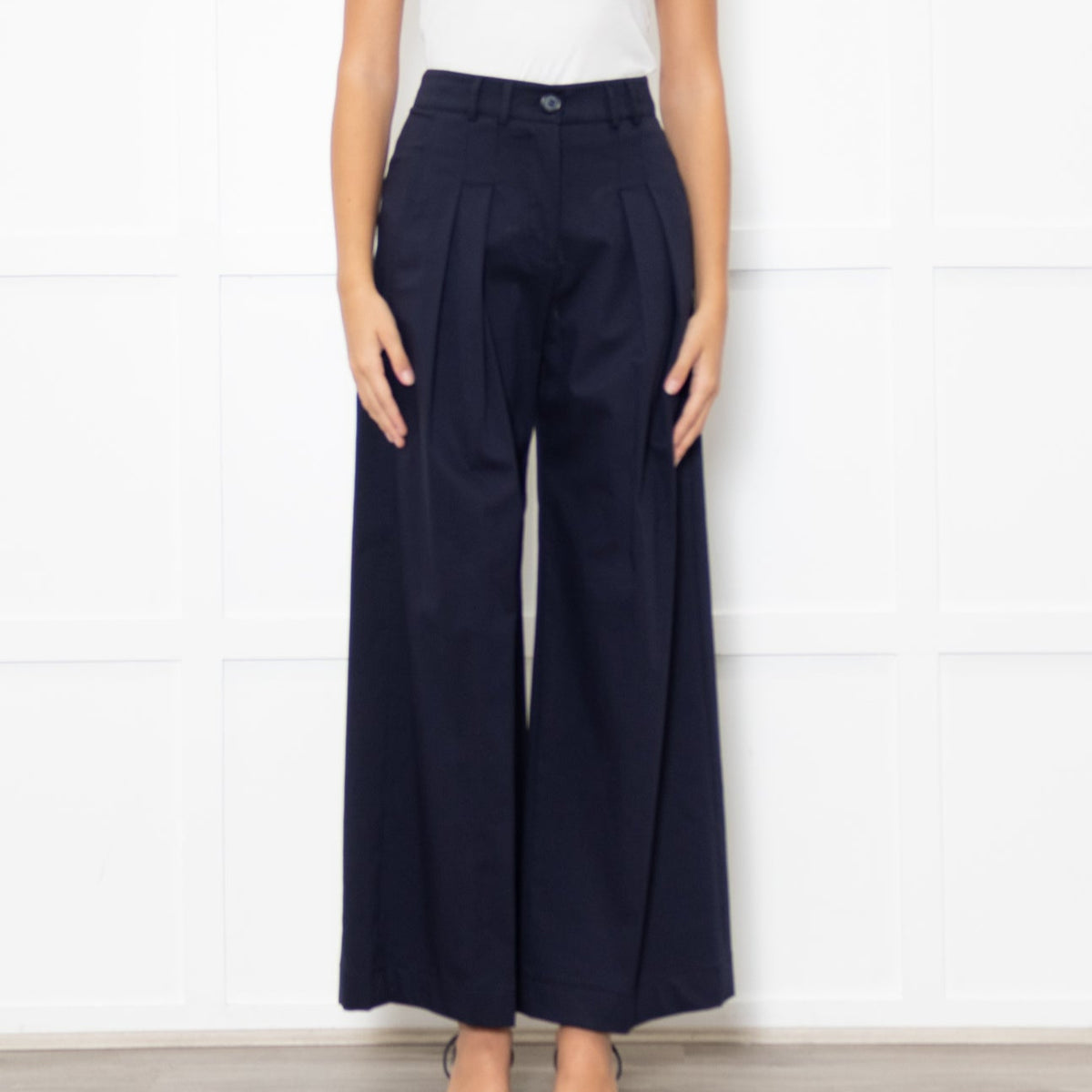 Me + Em Navy Wide Leg Soft Cotton Trousers