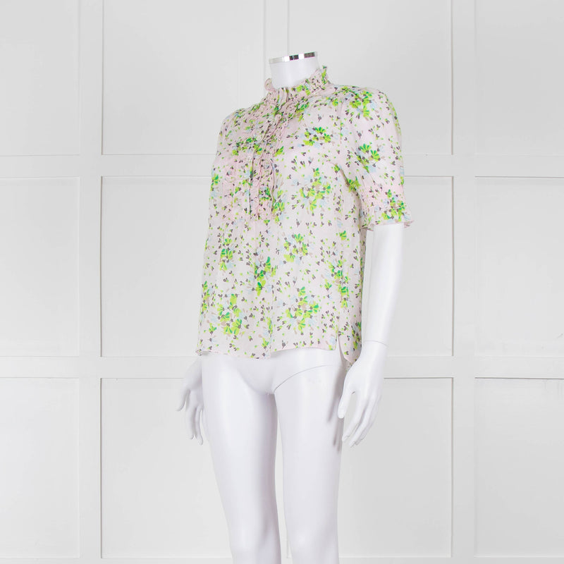 Me + Em Pink, Green & Grey Floral Silk Mix Short Sleeve Frill Top