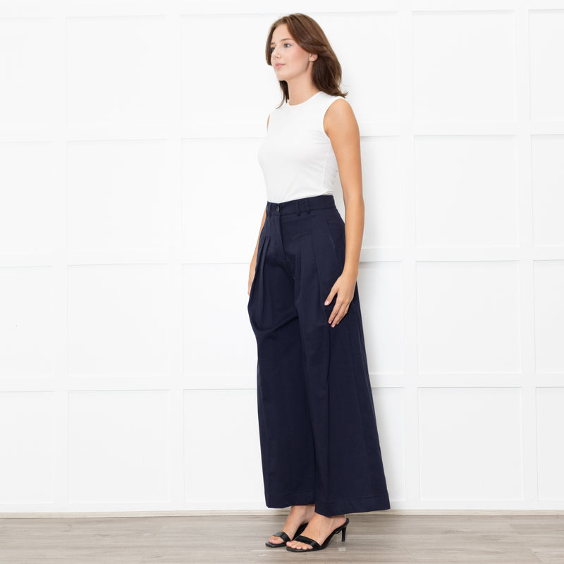 Me + Em Navy Wide Leg Soft Cotton Trousers