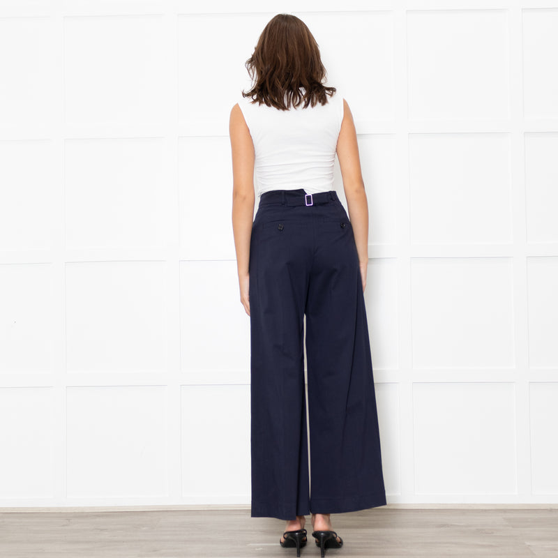Me + Em Navy Wide Leg Soft Cotton Trousers