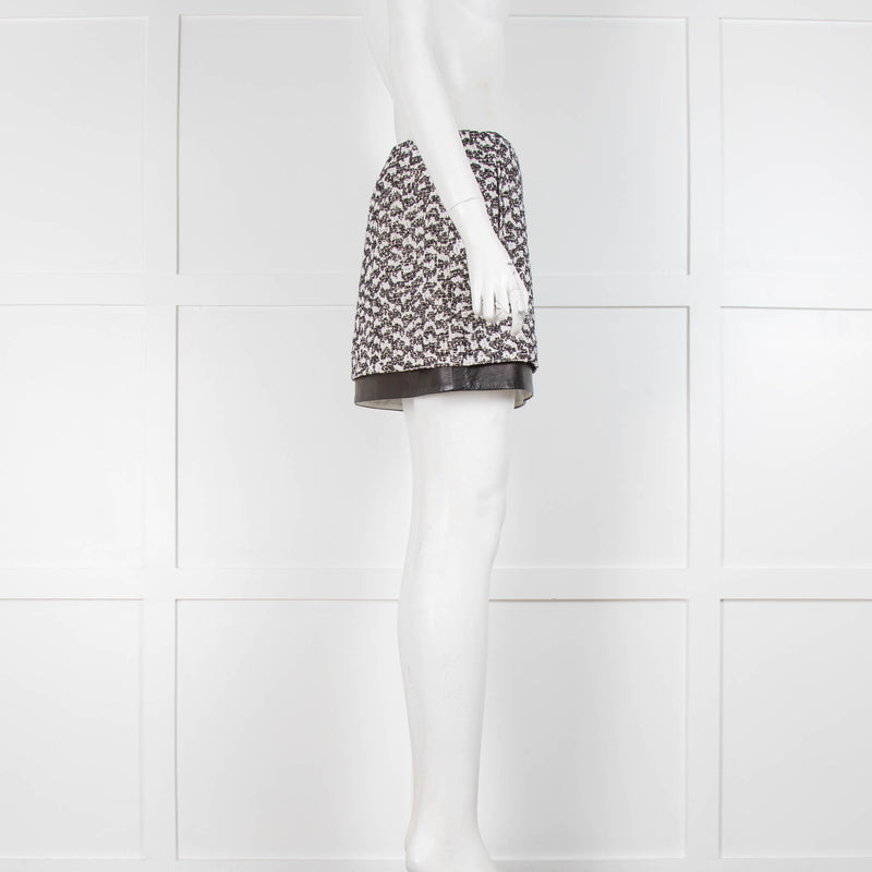 Diane von Furstenberg Black White Tweed Leather Hem Mini Skirt