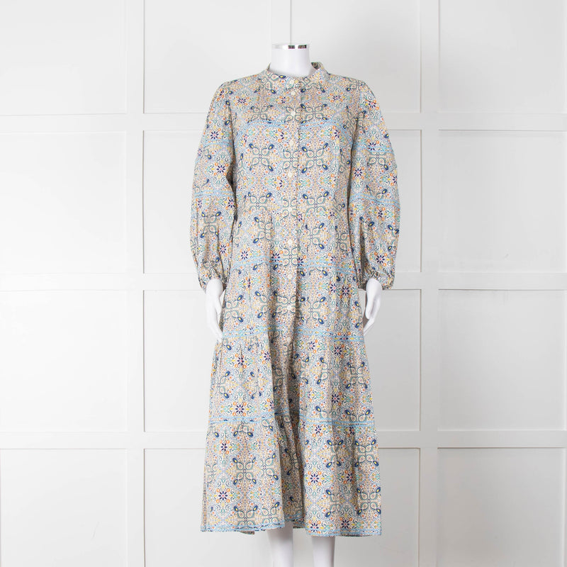 Catherine Prevost Lemon Orange Blue Print Full Length Button Dress