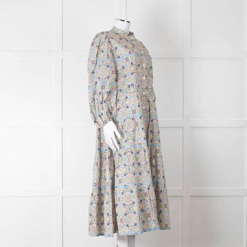 Catherine Prevost Lemon Orange Blue Print Full Length Button Dress