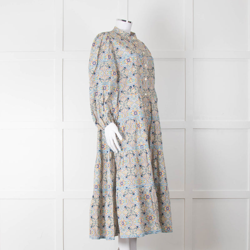 Catherine Prevost Lemon Orange Blue Print Full Length Button Dress
