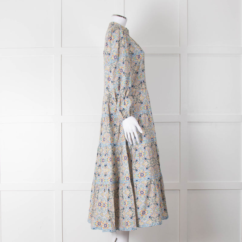 Catherine Prevost Lemon Orange Blue Print Full Length Button Dress