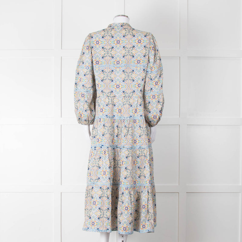 Catherine Prevost Lemon Orange Blue Print Full Length Button Dress