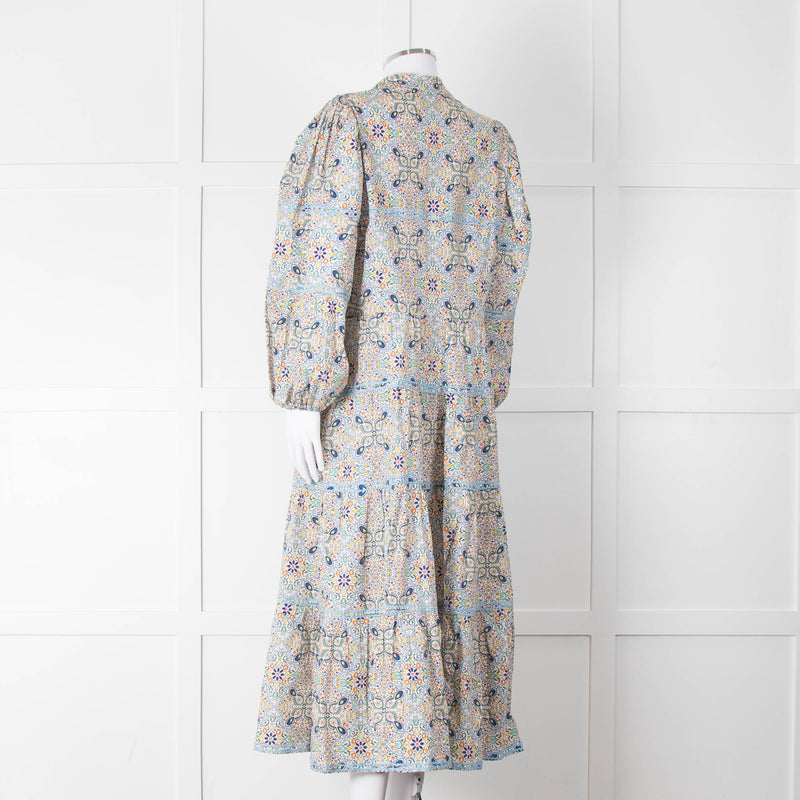 Catherine Prevost Lemon Orange Blue Print Full Length Button Dress