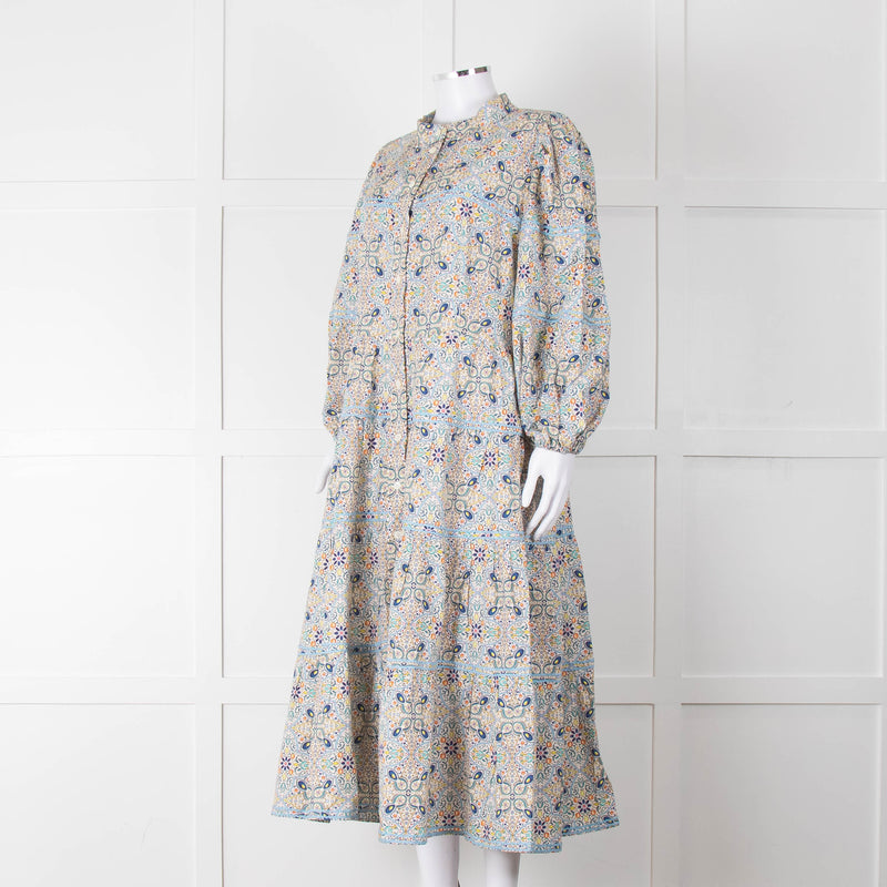 Catherine Prevost Lemon Orange Blue Print Full Length Button Dress