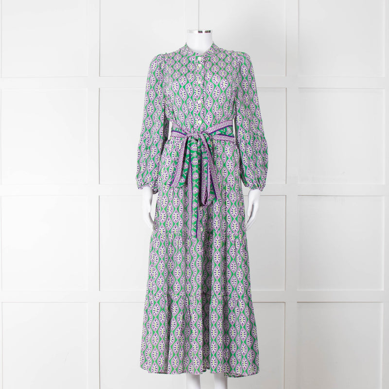 Catherine Prevost Green Purple Silk Button Belted Maxi Dress