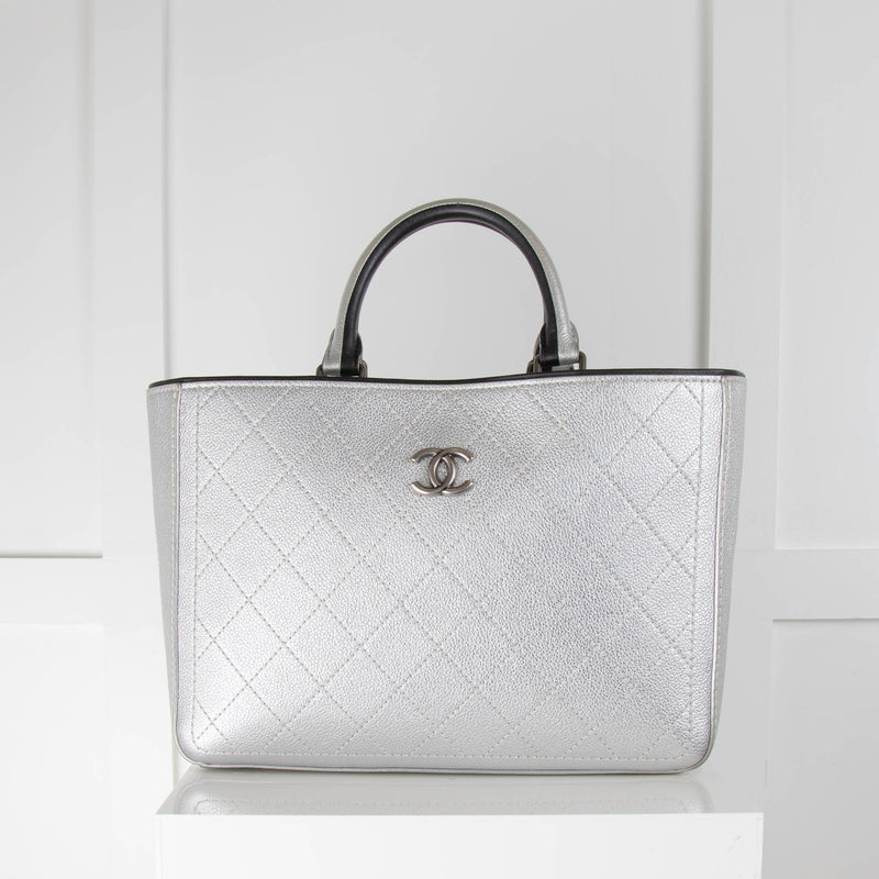 Chanel Silver Quilted Tote with Detachable Strap