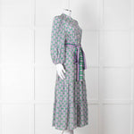 Catherine Prevost Green Purple Silk Button Belted Maxi Dress