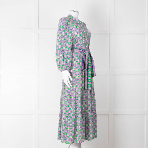 Catherine Prevost Green Purple Silk Button Belted Maxi Dress