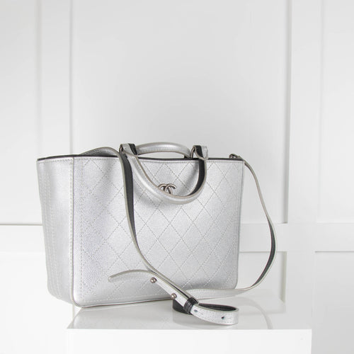 Chanel Silver Quilted Tote with Detachable Strap