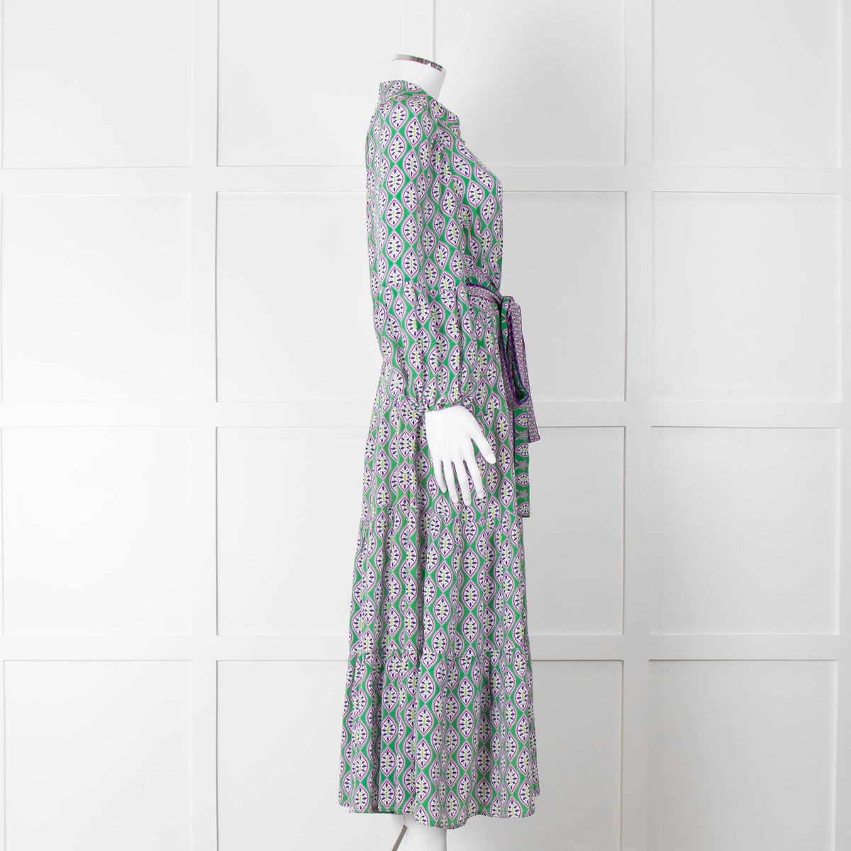 Catherine Prevost Green Purple Silk Button Belted Maxi Dress