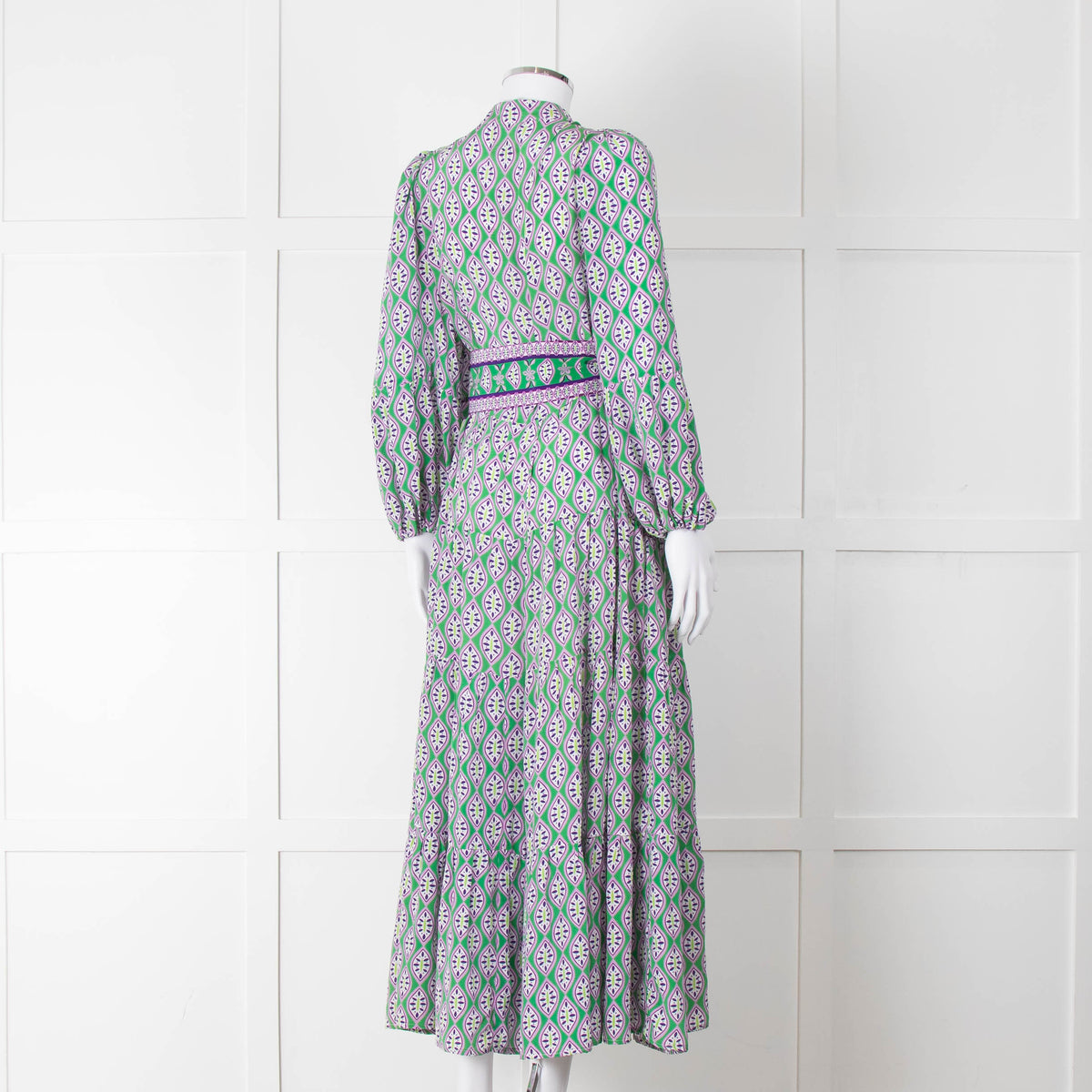 Catherine Prevost Green Purple Silk Button Belted Maxi Dress