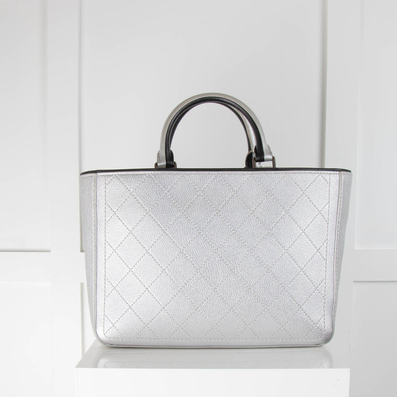 Chanel Silver Quilted Tote with Detachable Strap