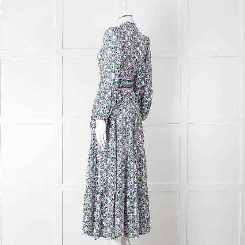 Catherine Prevost Green Purple Silk Button Belted Maxi Dress