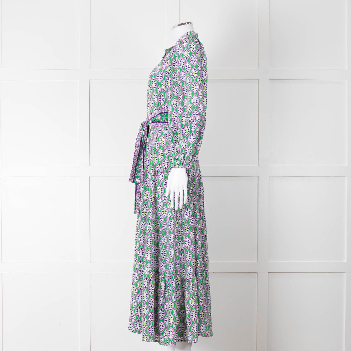 Catherine Prevost Green Purple Silk Button Belted Maxi Dress