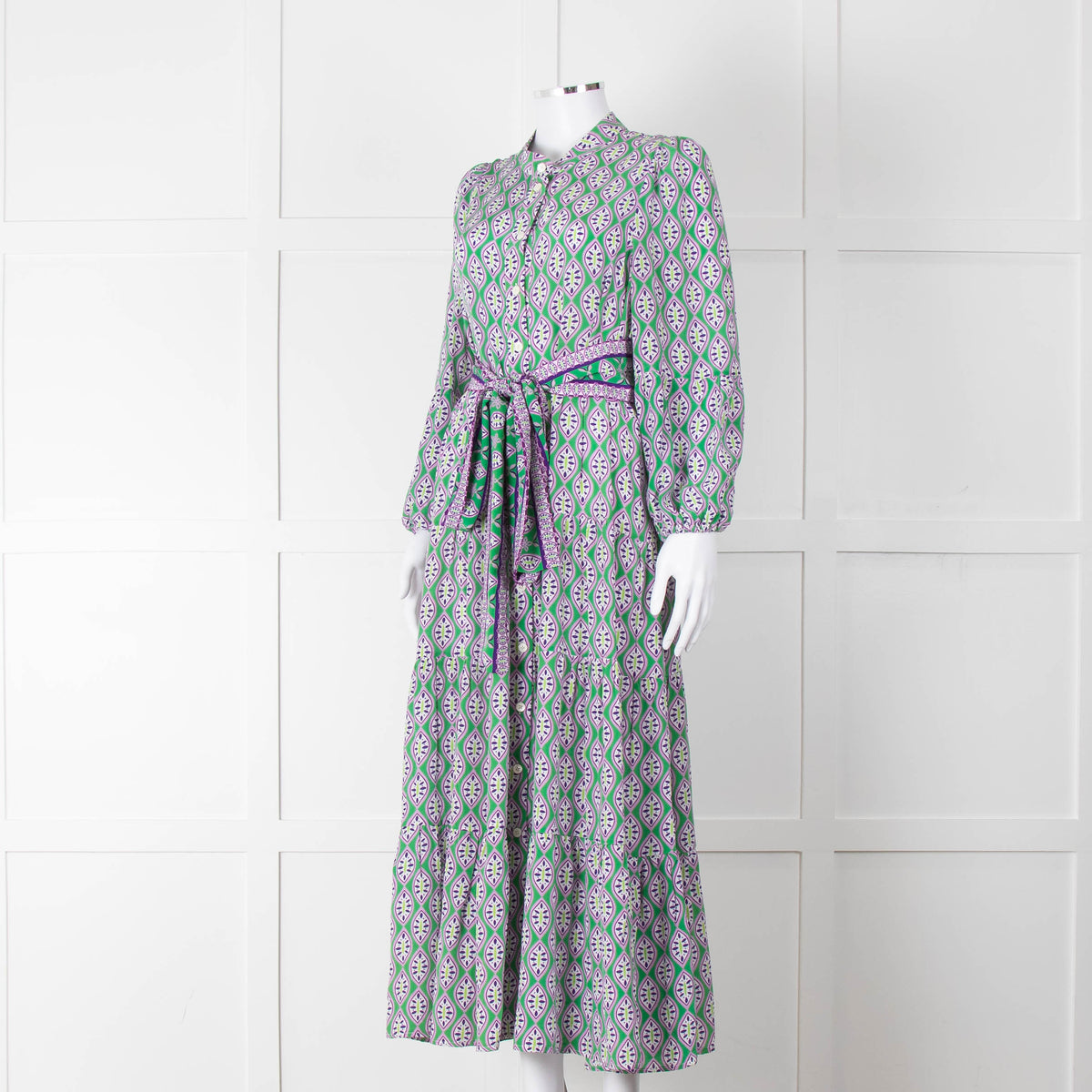 Catherine Prevost Green Purple Silk Button Belted Maxi Dress
